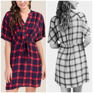 Navy Red Plaid Check Tie-Front Shirt Dress